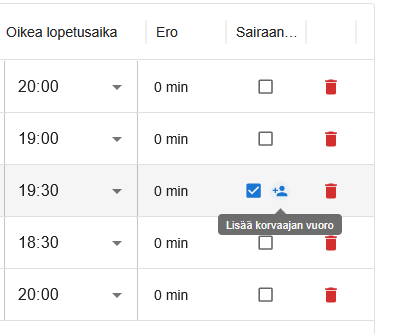 Korvaajan vuoron lisäys -näyttö.